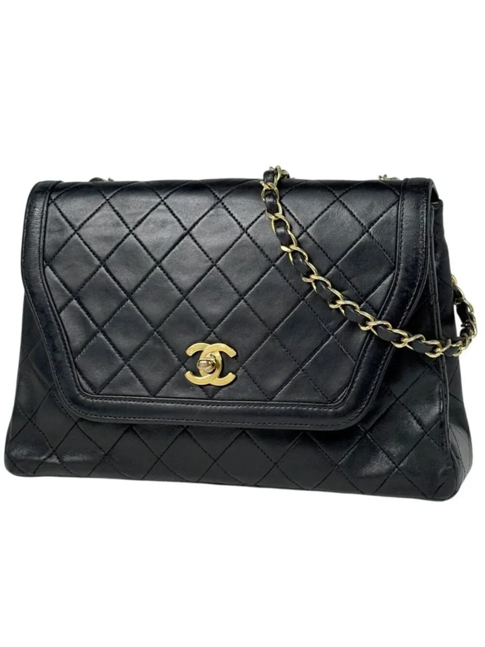 Chanel CC Logo Chain Shoulder Bag Quilted Leather Black